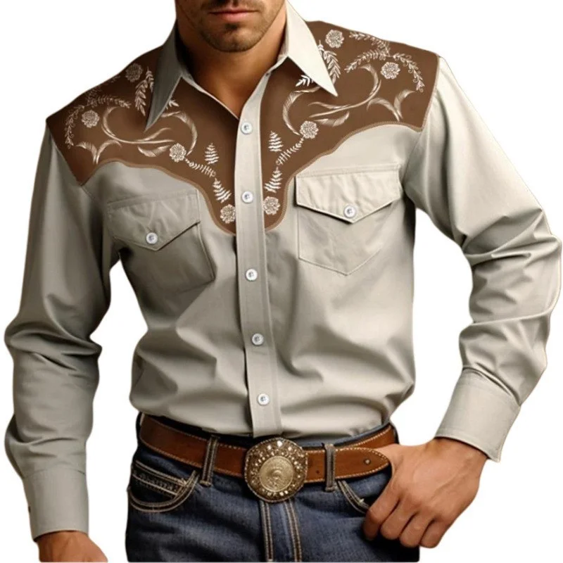 Men's Western Style Floral Print Shirt Long Sleeve Button Cowboy Shirt with Chest Pockets