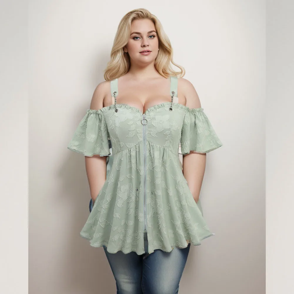 ROSEGAL-camisetas de talla grande con apliques de hojas y flores para mujer, Top verde claro con cremallera, camisetas informales con hombros descubiertos, novedad