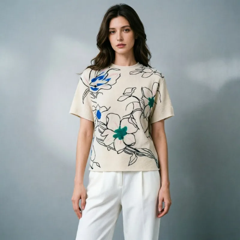 Miyake Pleated Printed T-Shirt 2026 Summer New Floral Print Embellished Branches Color-Block Age-Reducing Versatile Top Women