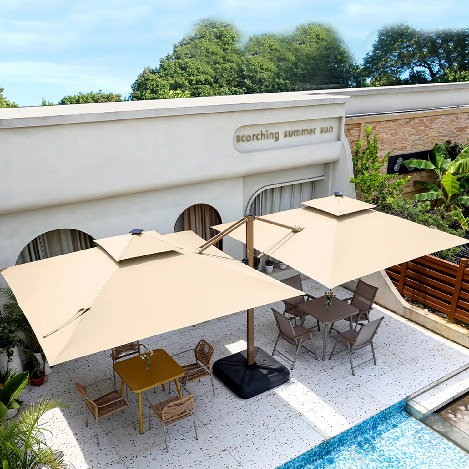 

New Upgrade Double Pull Rod Large Aluminum Sunshade Outdoor Two Heads Double Roman Restaurant Umbrella For Hotel