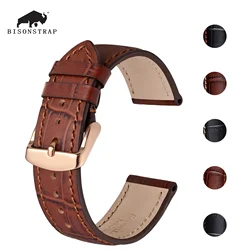 BISONSTRAP Alligator Embossed Cowhide Leather Watch Band 14mm 18mm 19mm 20mm 21mm 22mm Watchstrap Rose Gold Steel Buckle Wrist