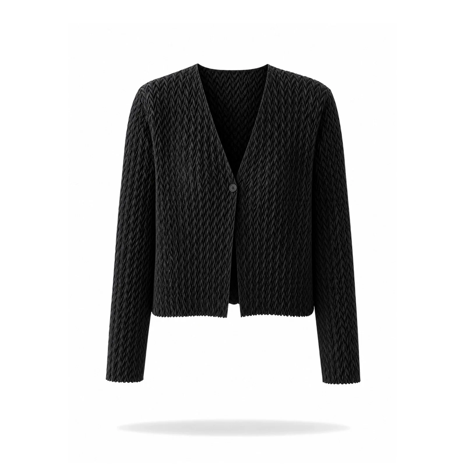 Women Diamond Textured Pleated Cardigan, V Neck Single Button Long Sleeve Cropped Jacket, Solid Color Casual Pleated Outerwear