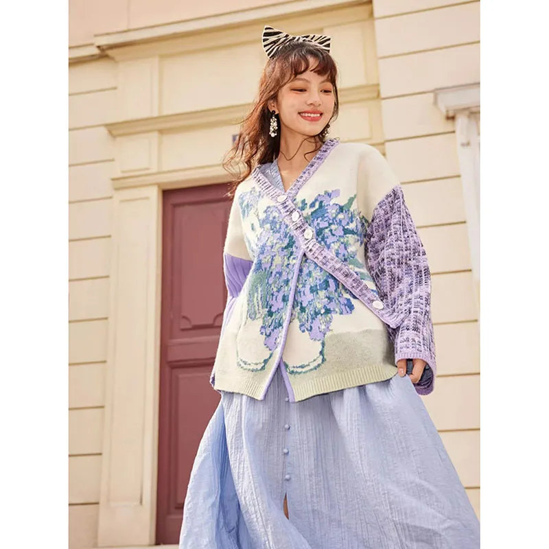 Art Starry Night Flower Sea 2024 Spring New Oil Painting Pattern Hypotenuse Button Cardigan Comfortable Soft Sweater Coat Woman