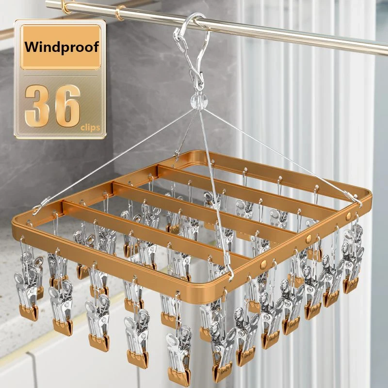 Windproof 36 clips Aluminum Alloy Socks Rack Towel Socks Hanger Clothes Drying Rack Wardrobe Organizer,Windproof Light Luxury