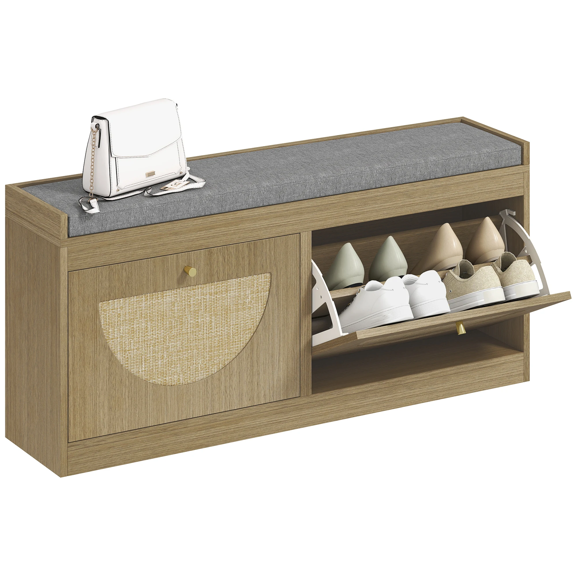 HOMCOM Banco Zapatero con Asiento Acolchado Puertas Frentes de Ratán Estante Ajustable para 8 Pares de Zapatos Natural