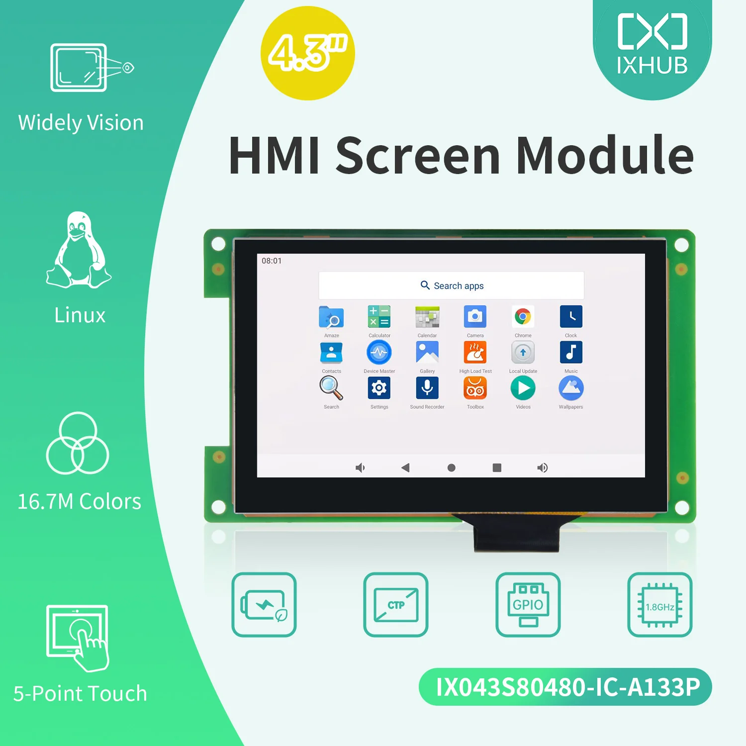 

Hot Sale IXHUB 4.3 Inch 800x480 IPS LCD Display HMI Touch Screen Smart Screen Low Price Android System 300nit Brightness USB