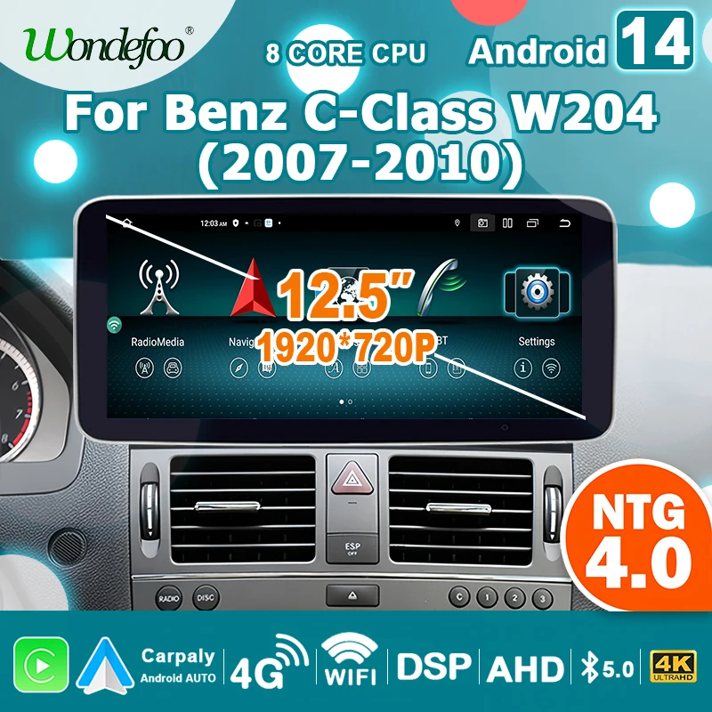 1920*720P 12.5'' Screen Carplay Android 14 Auto Car Radio Multimedia player For Benz C-Class W204 S204 2007-2010 2 din autoradio