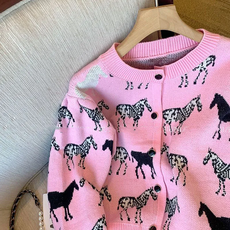 Cartoon Sweater Cardigans O Neck Loose Knitwear Women Sweater Jackets Female Long Sleeve Casual Knit Pink Sweater Coat Spring