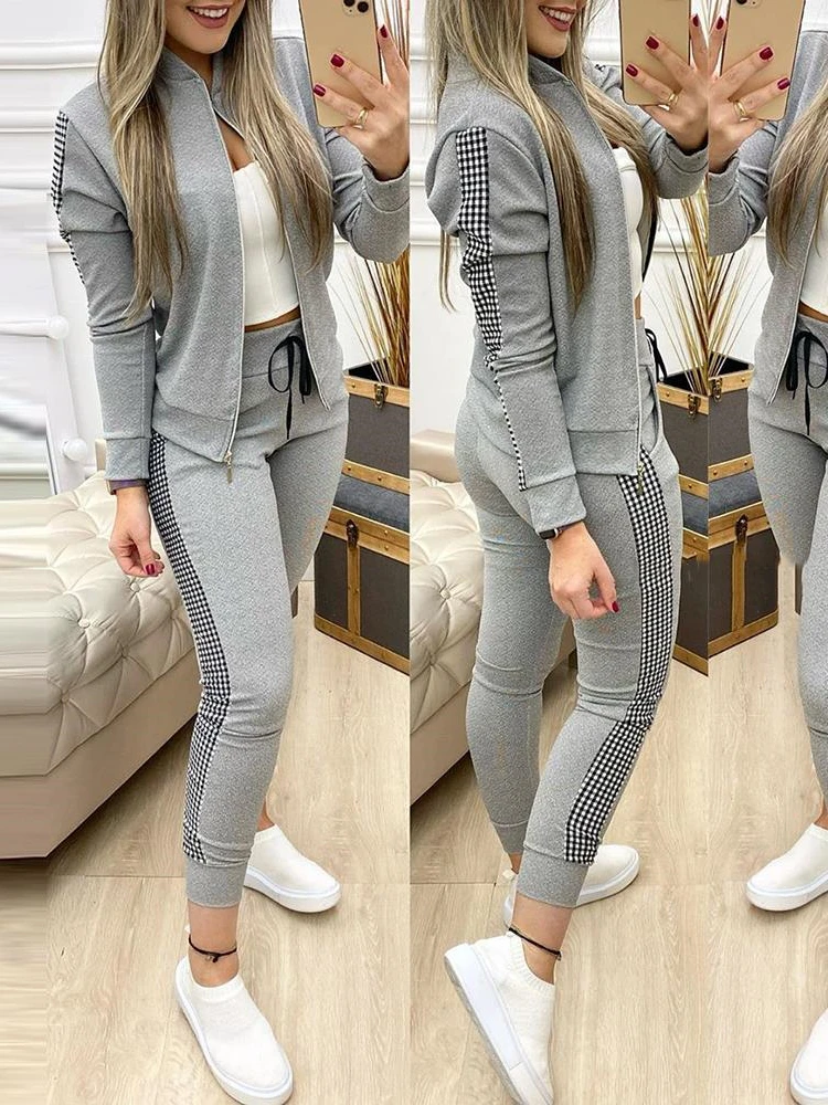 Tracksuits Women Elegant Two-Pieces Suit Sets Female Stylish Greek Fret Print Coat & Pant Zip Sets Joggers Women