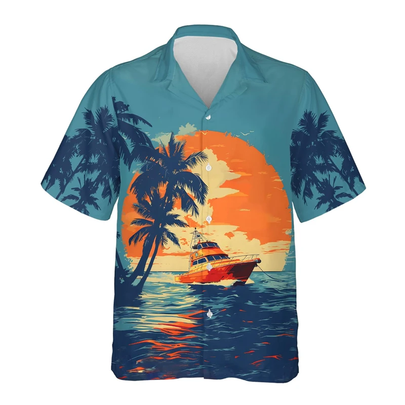 Cruise Ship Vacation Coconut Tree Graphic Beach Shirts Casual Party Shirt For Men Hawaii Sunset Boat Natural Scenery Lapel Tops