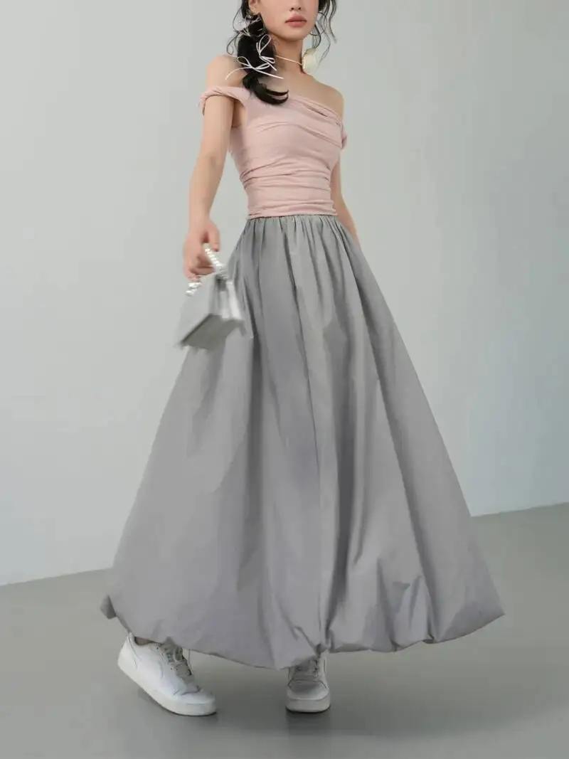 

Женская длинная юбка WOMENGAGA весна-осень, свободная, А-силуэт, с крупными складками, приталенная, с цветочным принтом, юбка-зонтик, офисная, серая, модная, ABM4