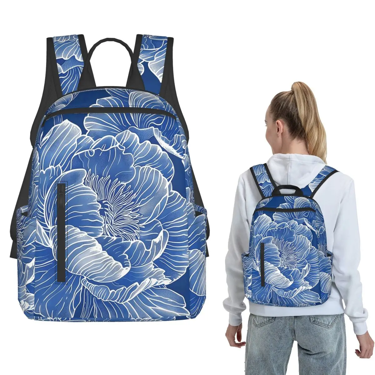 Blue Sketch Peony Flower Backpack Large Capacity Children BookBag School Bag Shoulder Bags for Men Women