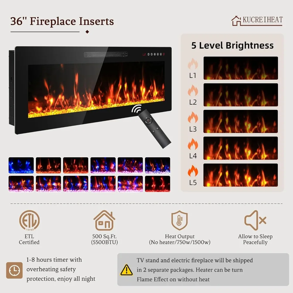 حامل تلفزيون أسود 70 مع مدفأة مدمجة لأجهزة التلفاز مقاس 75+ بوصة - مركز ترفيه مزود بمصابيح LED وتخزين وأبواب عالية اللمعان