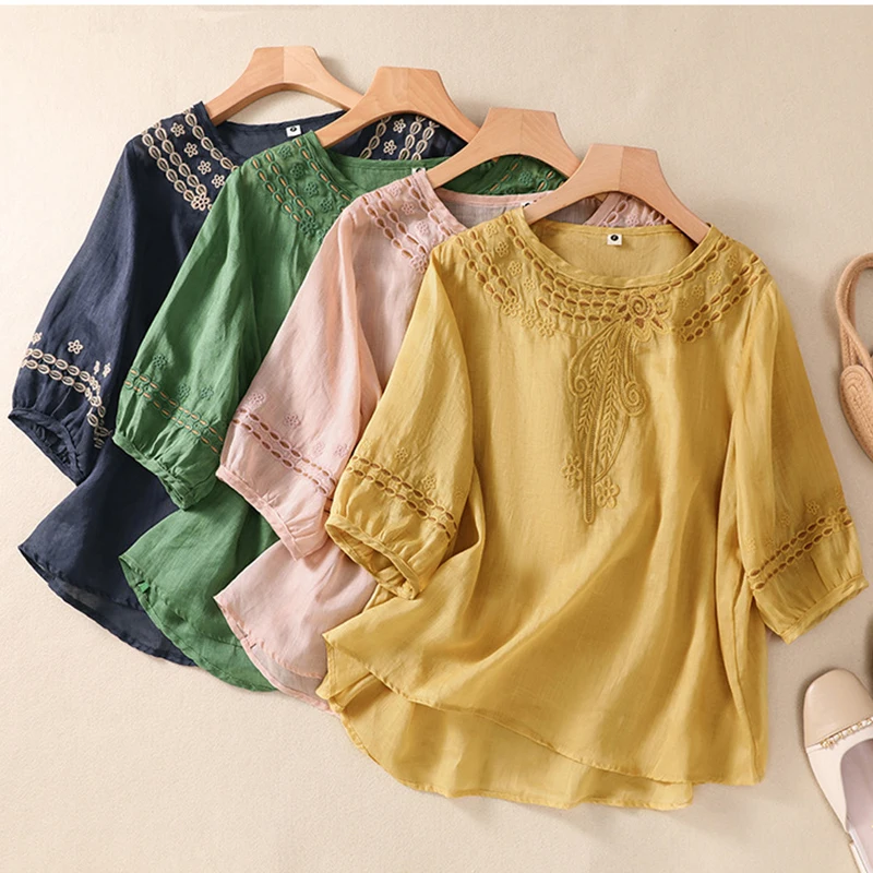 

Literary Floral Embroidery Cotton And Linen Blouse Women Clothing Casual Sweet Round Collar Show Thin Female Blusa Tops K023