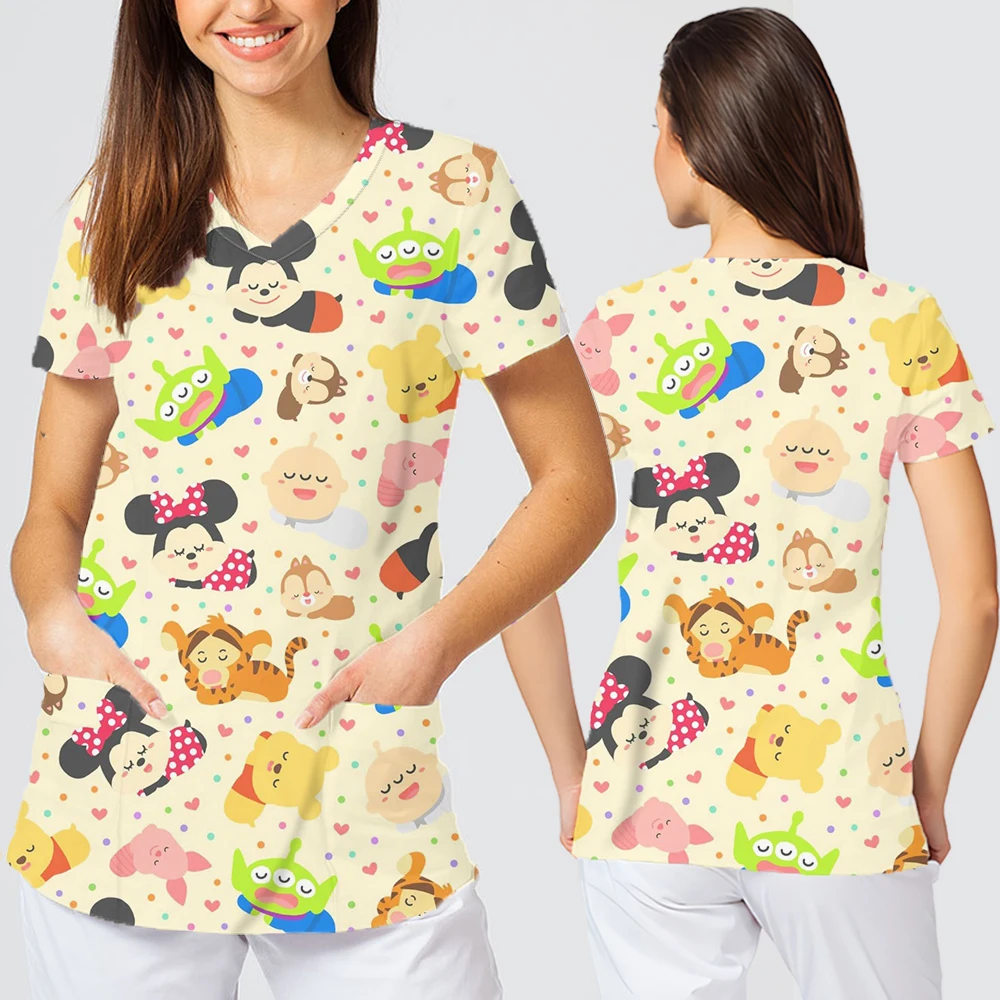 2025 Disney Cute Cartoon Character Printing Odzież damska Dekolt w szpic Krótki rękaw Letnie luźne luźne ubrania do karmienia Topy