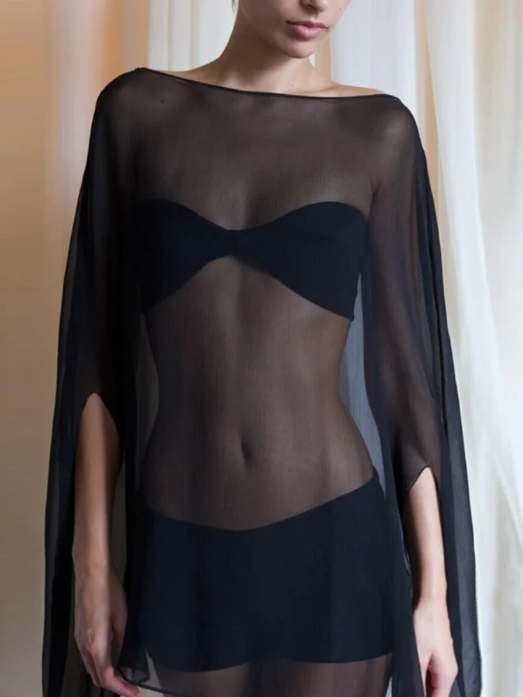 FDYOUI Sexy Loose Blouse Cover-up Women Streetwear Black White Hollow Out Beach Vacation Tops Female Party Night Club Blouses