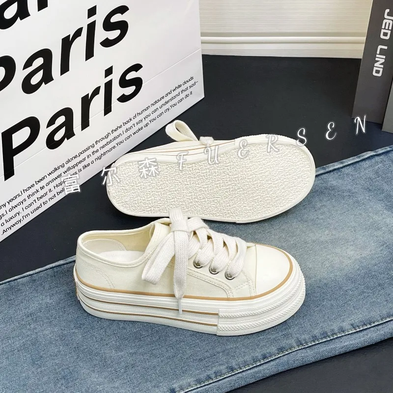 

Women's Canvas Sneakers Thick Bottom Casual Sports Shoes round Toe Lace-Up White Shoes Good Matching Platform Shoes