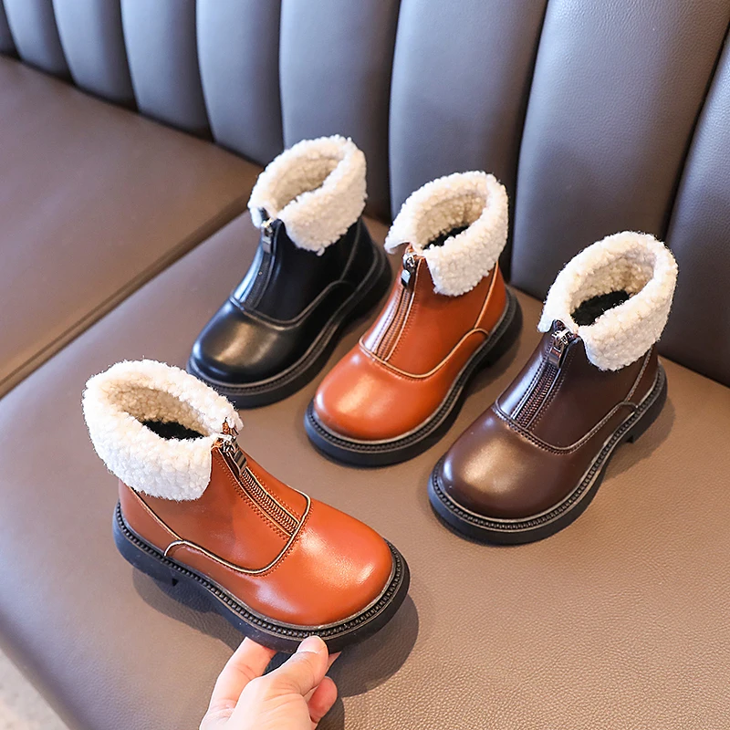 

2025 New Fashion Children's Boots Fall Winter Padded Thickened Boys Girls Cotton Shoes Soft Non-slip Kids Leather Boots