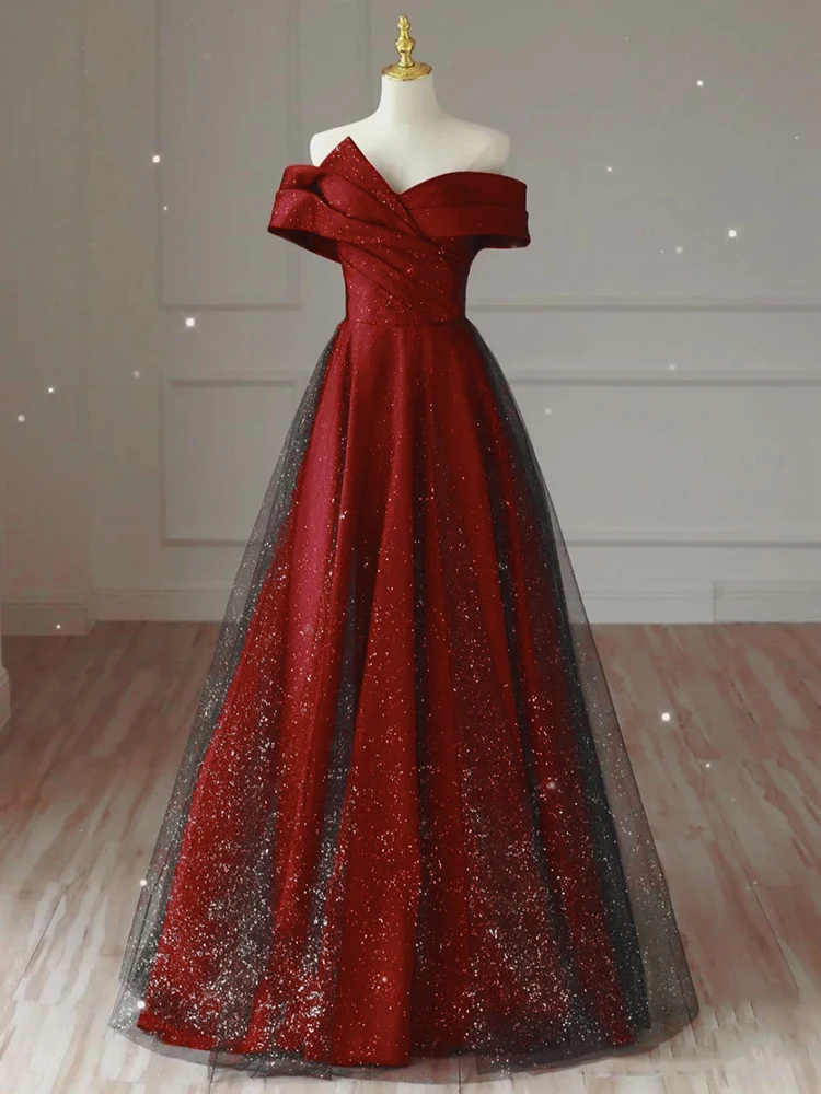 

Red One-oulder Wedding Dr ort Sve Floor-Length Pure Color Korean Sle for Engagement And Wedding Ceremony