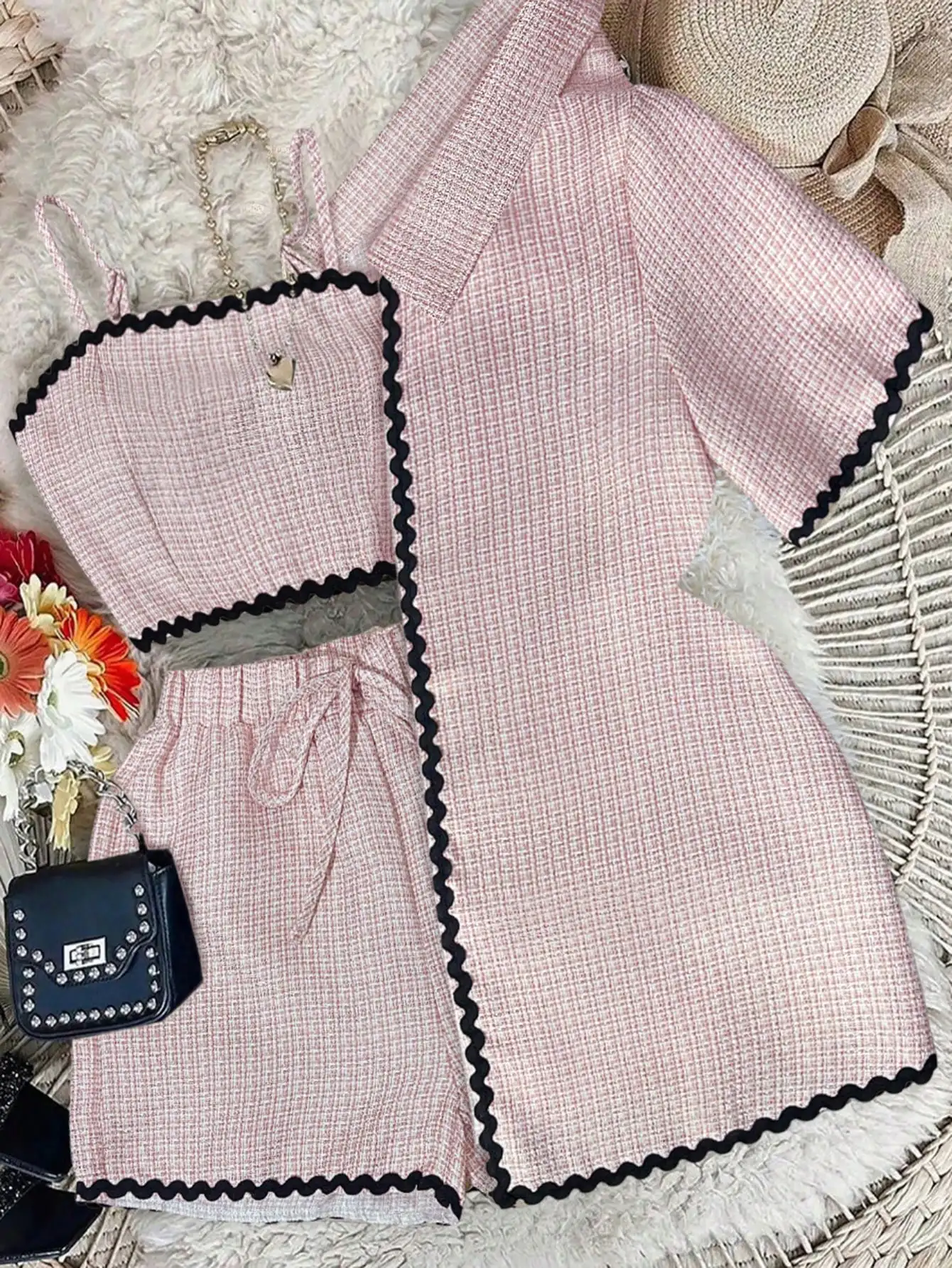 3-delige damesset: Cardigan met golvende zoom, cropped cami & shorts voor casual school of werk