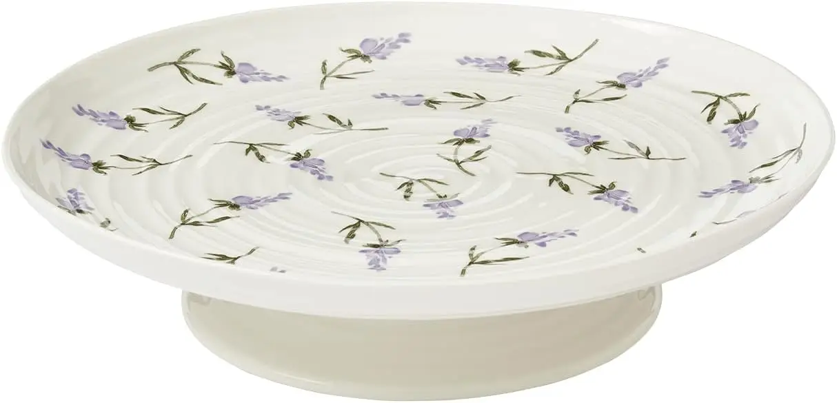 

12-Inch White Porcelain Footed Cake Stand with Lavender Design, Perfect for Parties and Gifts
