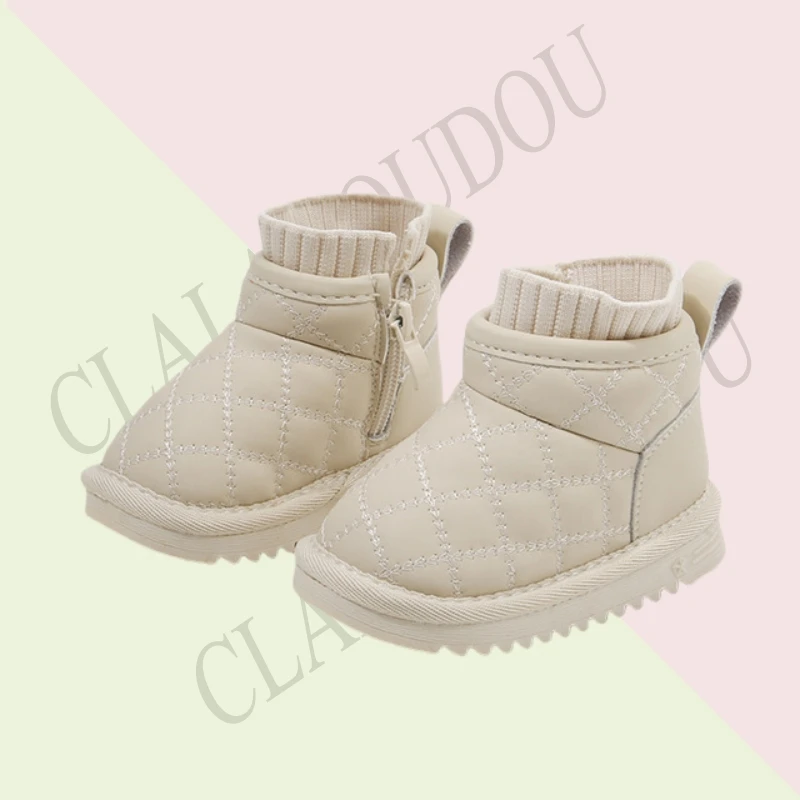 Claladoudou New Leather Snow Boots For Kids Girls Boys Solid Sewing Winter Zip Ankle Boots For 0-6years Children Woman Shoes