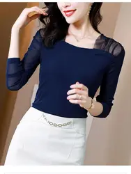 Spring Summer Vintage T-Shirts Women Elegant Long Sleeve Tops Female Retro Chic Tee Lady Fashion Square Neck Mesh T Shirt