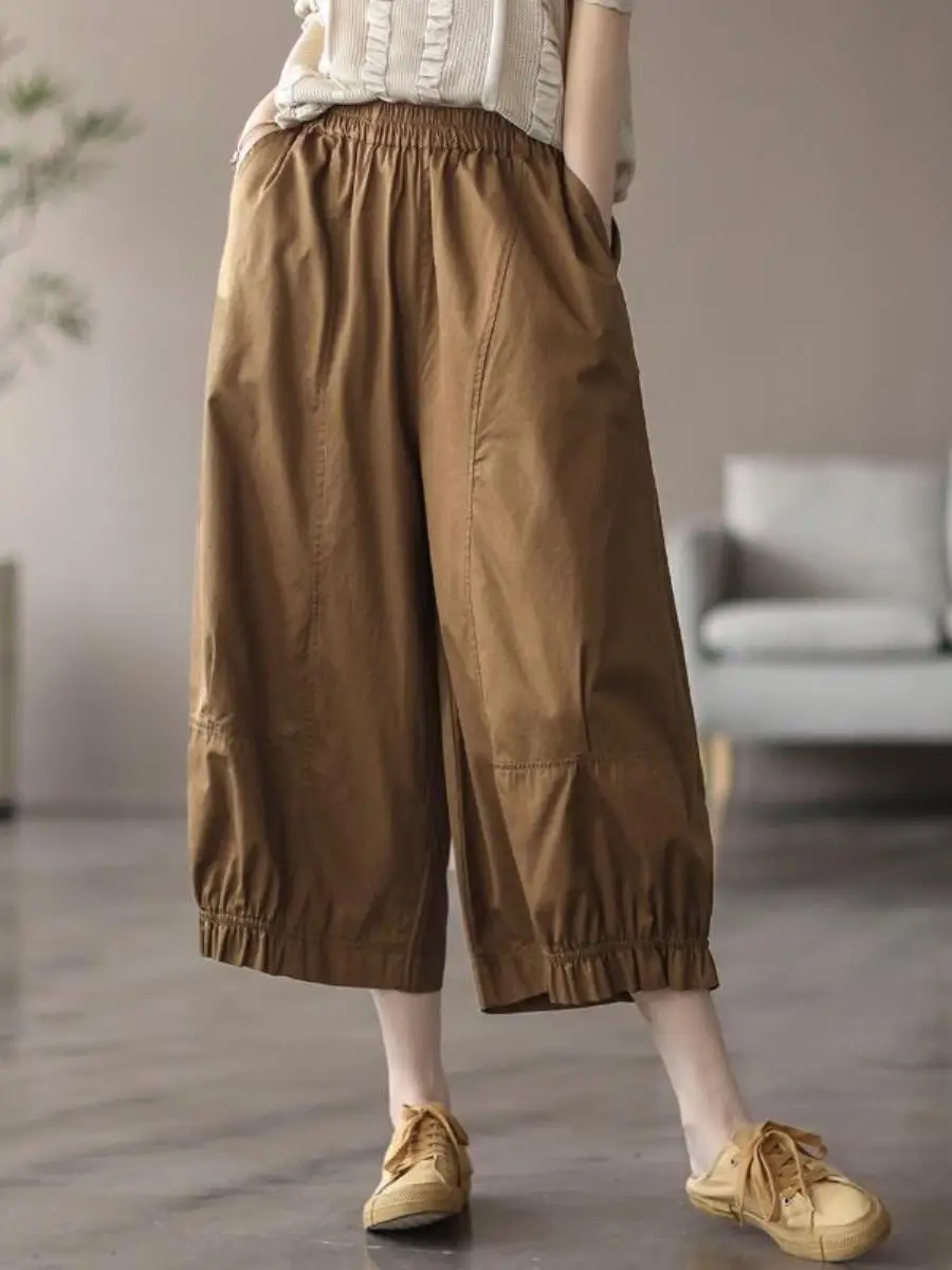 

Casual Cotton Linen Wide Leg Pants Women Loose Retro Patchwork Seven-Foot Straight Leg Summer Trousers Comfortable Natural Waist