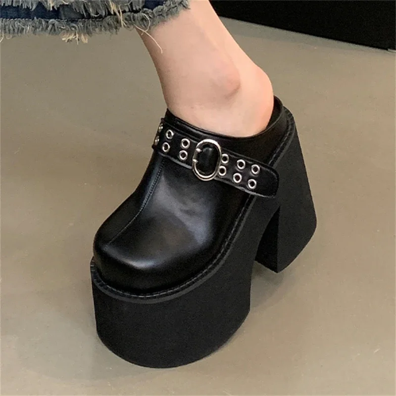 Eilyken Fashion Design Belt Buckle Round Toe Women Slippers Street Style Roman Platform High Heels Party Ladies Shoes