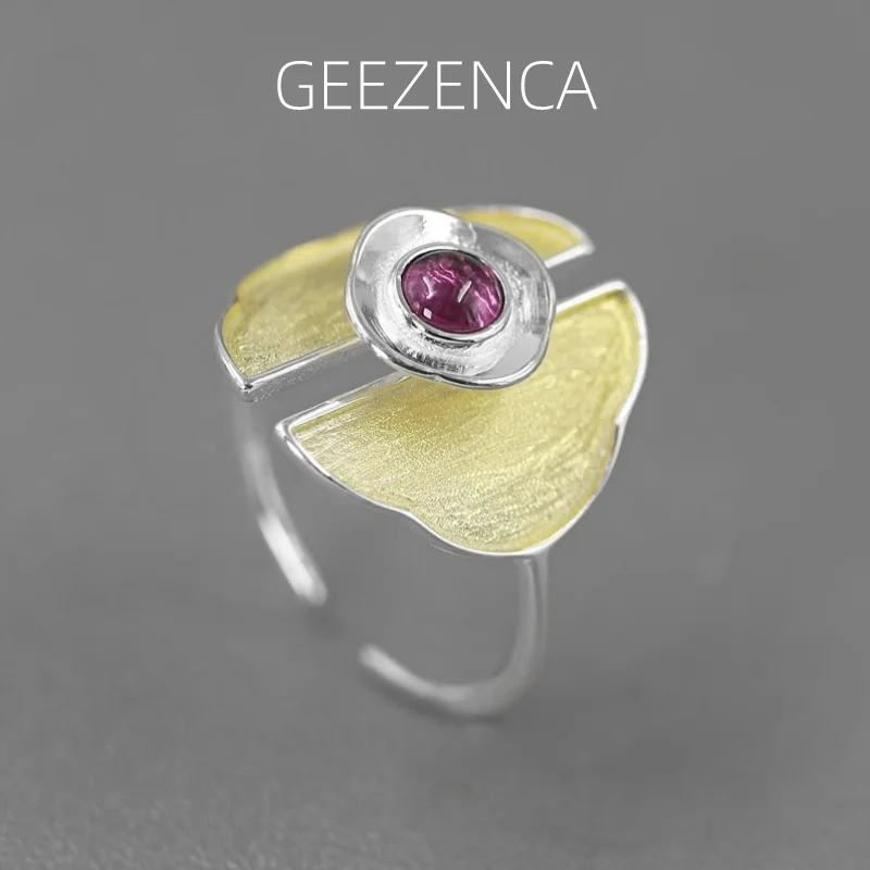 GEEZENCA S925 Silver Two Tone Plated Rings Women Garnet Aquamarine Natural Stone Designer Style Resizable Ring 2023 New Gift