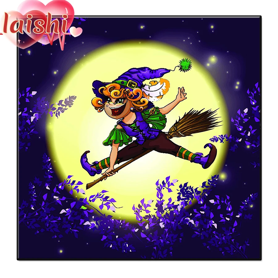 

Diamond Mosaic Cartoon, witch, halloween decoration 5D Diy Diamond Painting Full Drill Round Diamond Embroidery Home Decor Art