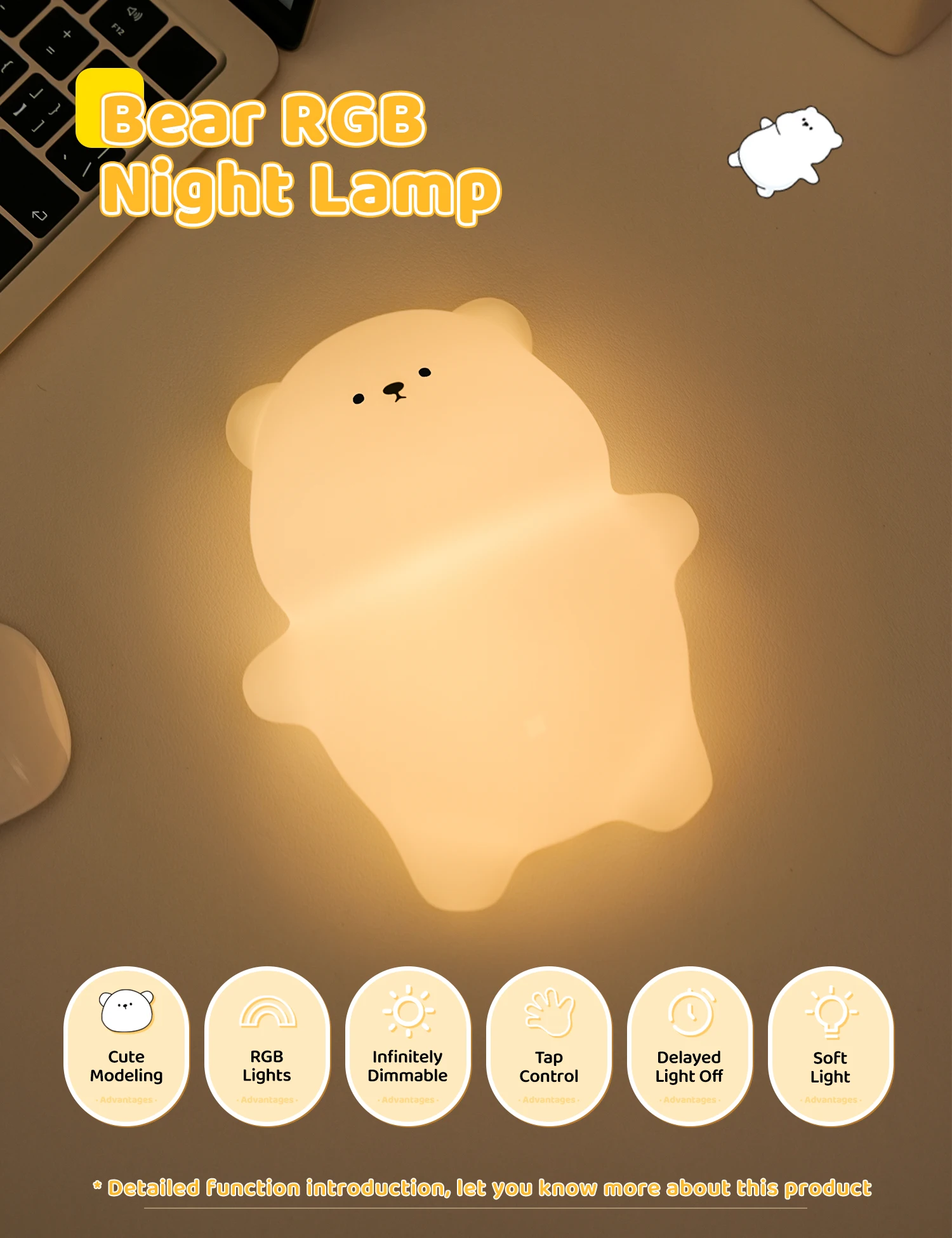 Cute Bear Night Light Silicone Nursery Sleeping Lamp Touch Control Nightlights USB Rechargeable Table Lamp for Baby Child