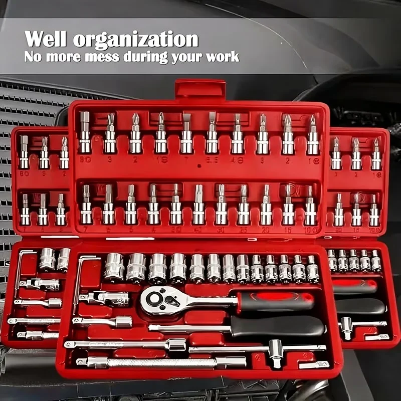 46pcs Repair Tool Kit1/4InchSocket Set with Ratchet Torque Wrench Auto Mechanic Repair Tools for Cars and Automotive Maintenance