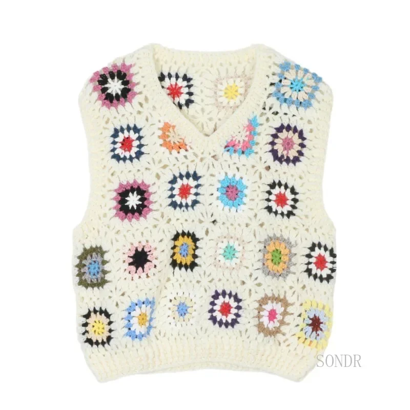 Indie Folk Crochet Hollow Out Sweater Vest Women 2025 Spring Summer Tank Top Knitted Vest Coat Female Sleeveless Vest Outerwear