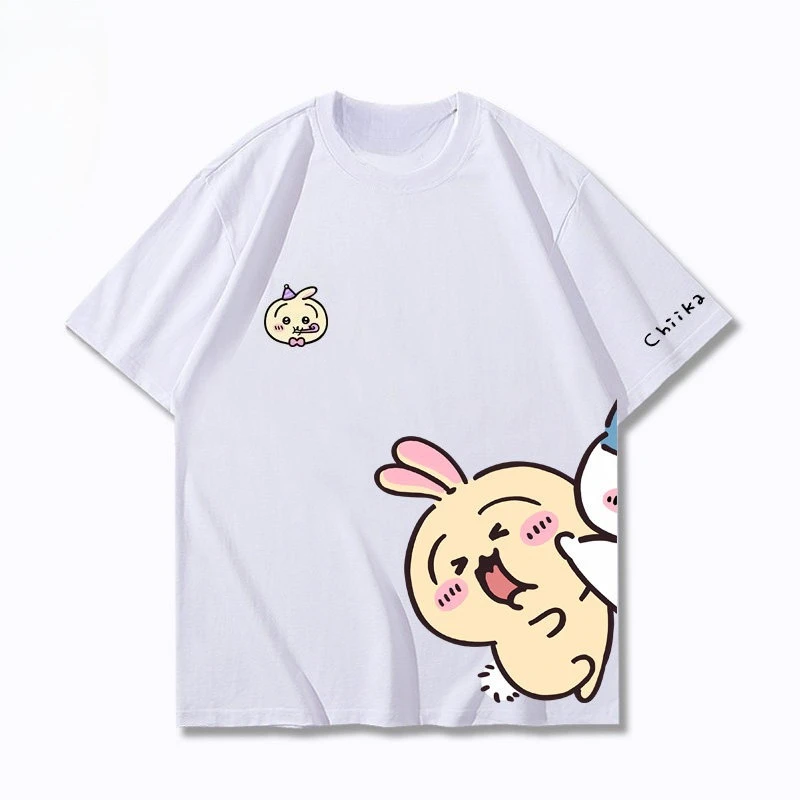 Large Offset Usagi Chiikawa Graphic T-shirt White Solid Cotton Loose Oversized Tees Cute Rabbit Cartoon Chest & Hem Print Anime