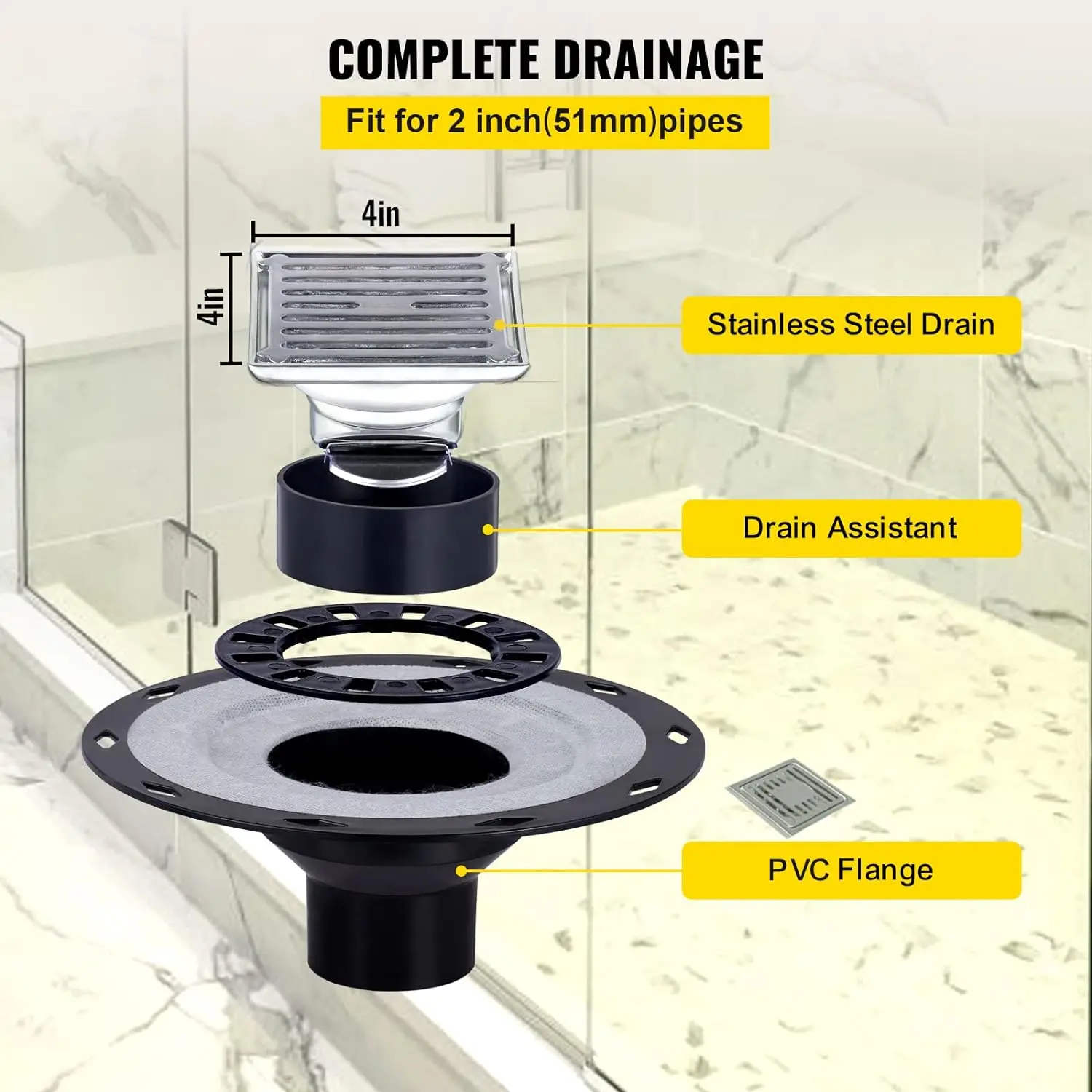 Imagem -03 - Impermeável Chuveiro Curb Overlay Kit Pvc Ligação Central Flange Aço Inoxidável Grate 48 x 72