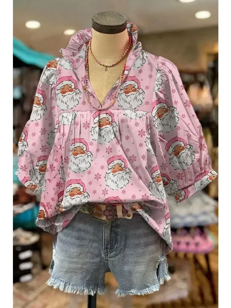 Santa Claus Print Pleated V-neck Puff Sleeve Top Christmas Blouse