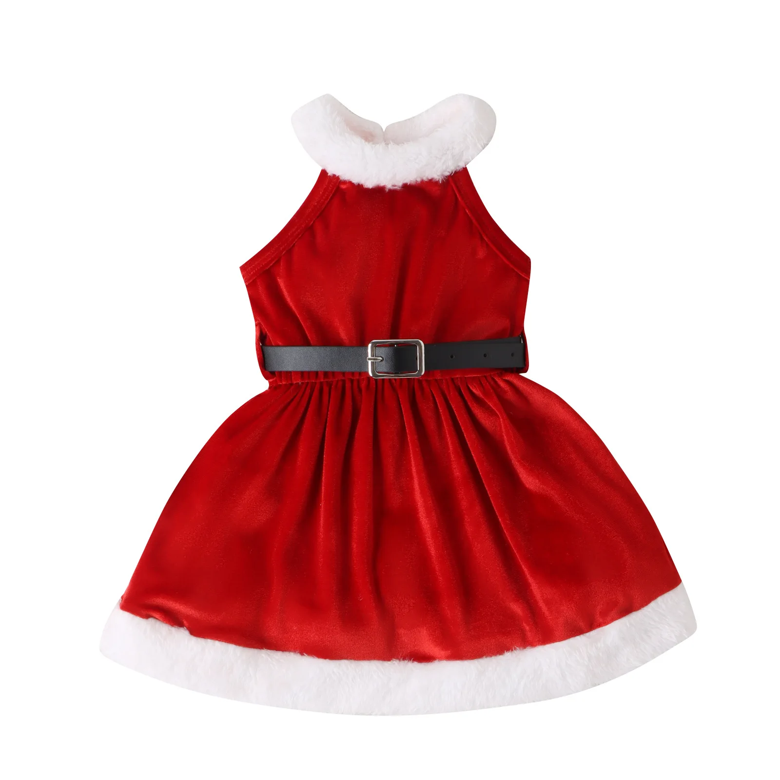 Vestido sem mangas de veludo vermelho com pescoço pendurado para crianças, Vestido de Natal com cinto, Papai Noel, meio, pequeno, outono, inverno