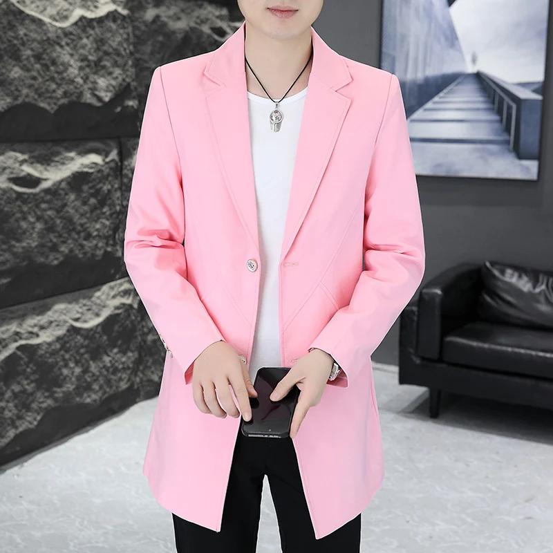 Men\'s Casual Pink Outwear, Stylish and Handsome Suit Top, Banquet Dress, Mid-Length Windbreaker, Black Light Gray Light Blue Outwear