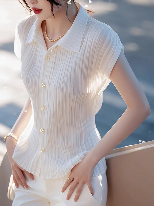 

White Slim Fit ort Sve irt Women's Summer Thin Faionable Top Korean Sle Commute Wind Collar Regular Length