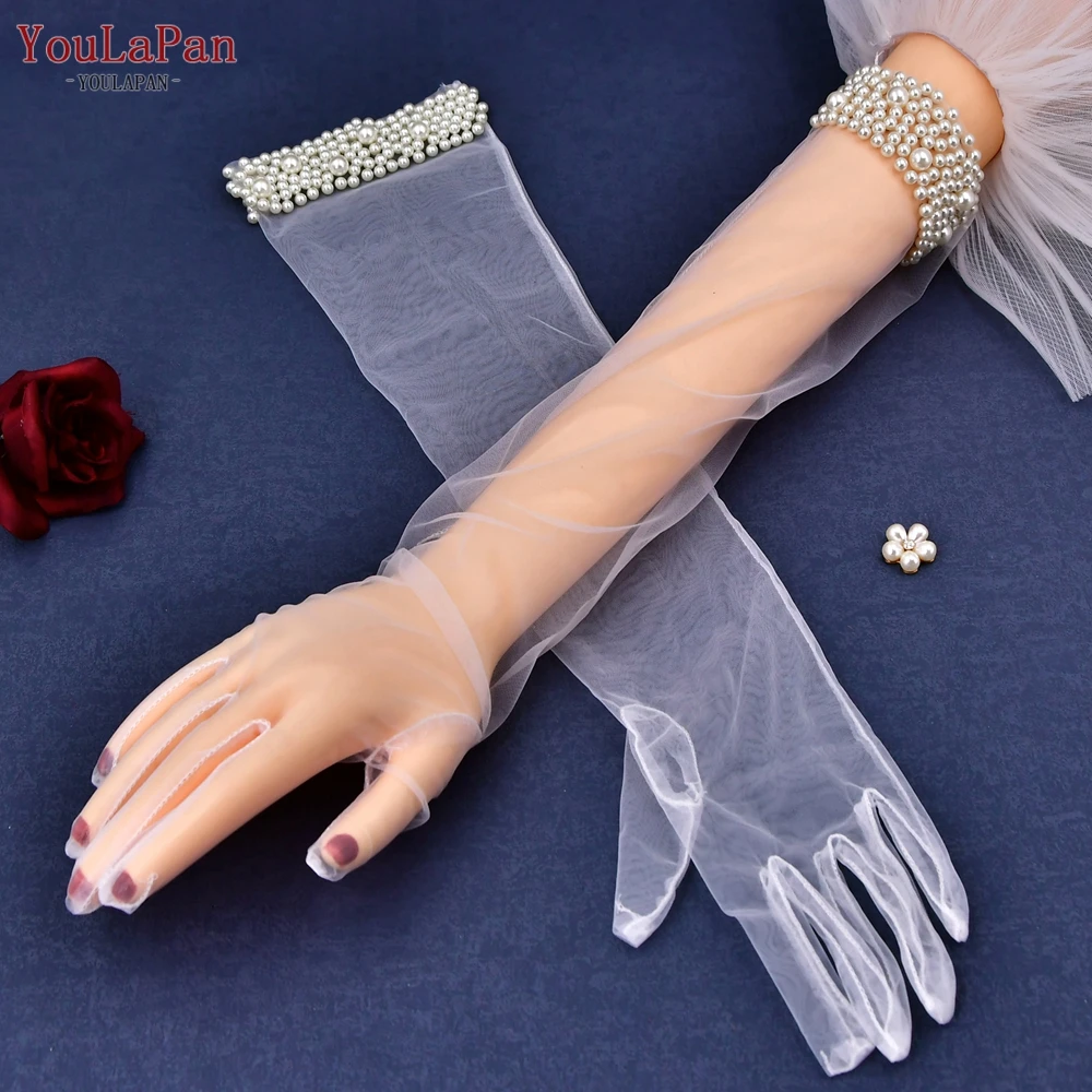 Youlapan VM01-A Perle Braut handschuhe 1 Paar Tüll Hochzeits handschuhe transparent lang über dem Ellbogen DIY Tüll Bachelorette Party