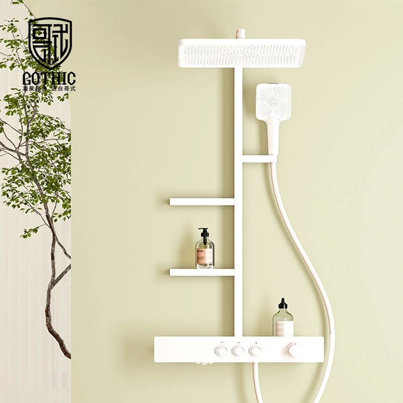 

Double-Layer Storage Rack Mirror Rain Shower System Black Gun Gray Shower Head Set White Pressurized Bathroom Shower Faucet