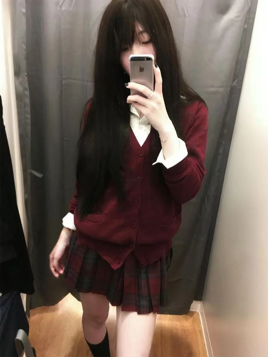 

Autumn Winter Knitted Jk orm Original Sweater Cardigan School orm Feel Skirt Set Women's Bowknot Plaid Skirt Outfit