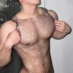 Flaş elmas yelek örgü göbek tankı üstleri erkek seksi Fishnet perspektif kişilik T-shirt eğilim gece kulübü Unisex seksi iç çamaşırı