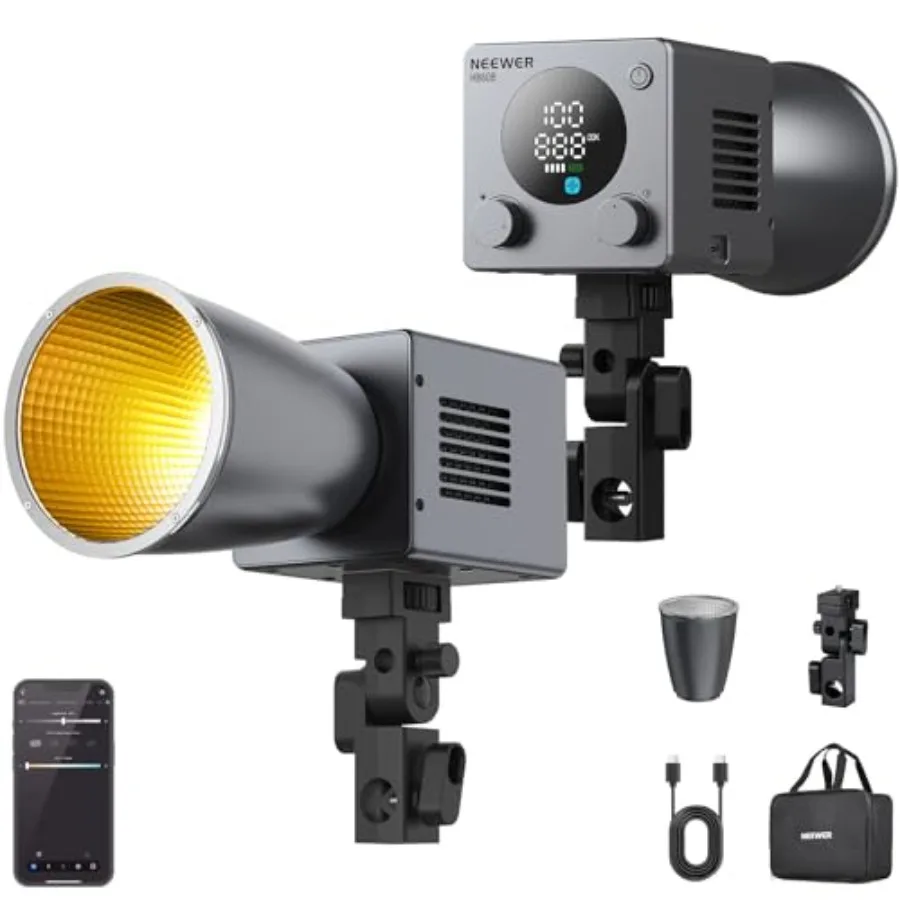 

60W Мини LED-видеосвет с аккумулятором 50Wh, быстрой зарядкой 100W PD, управлением через приложение 2.4G, NFC, двухцветный, диммируемый, COB, для студийной съемки, постоянный свет