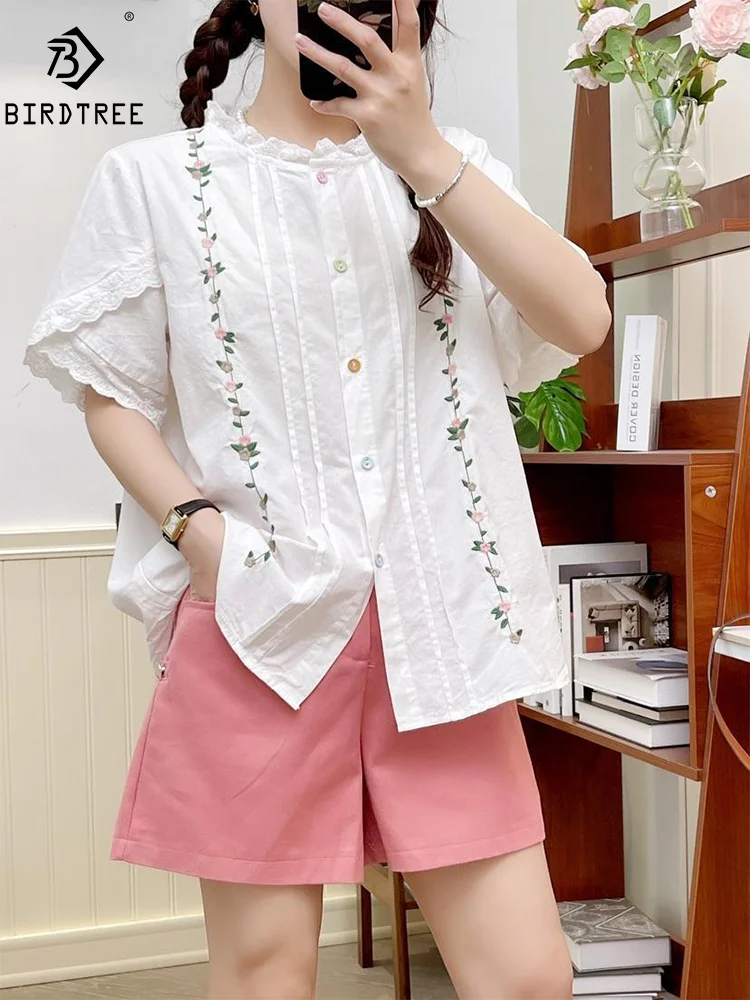 

New Spring Cotton Shirts Women Short Sleeve Floral Embroidery Lace Tops Girl Sweet Casual Loose Blouses 2024 Summer T44371QM