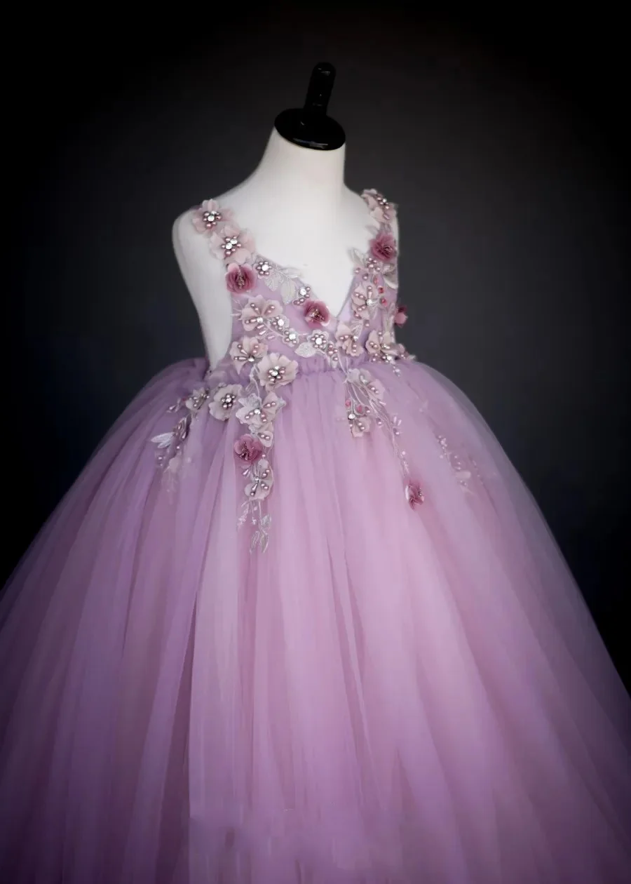 ライトパープルフラワーガールドレス結婚式用レースアップリケノースリーブボールガウン女の赤ちゃんの誕生日ボールガウンカスタマイズ