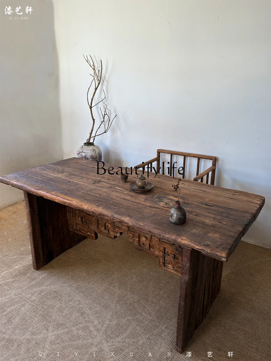 

Silent Style Solid Wood Table-Chair Set Weathering Rectangular Dining Table Retro Style Tea Table Conference Table