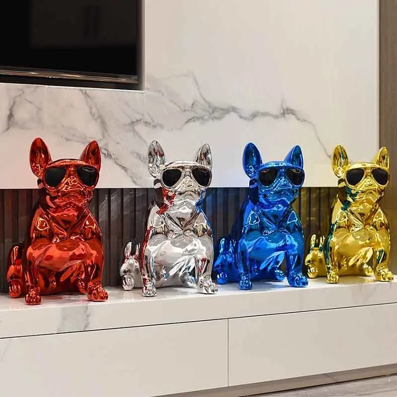 Room Decor Electroplated Dog Fighting Sculpture Ornaments Sunglasses Dog Statue Creative Craft Desktop Decoration Luxury Gifts