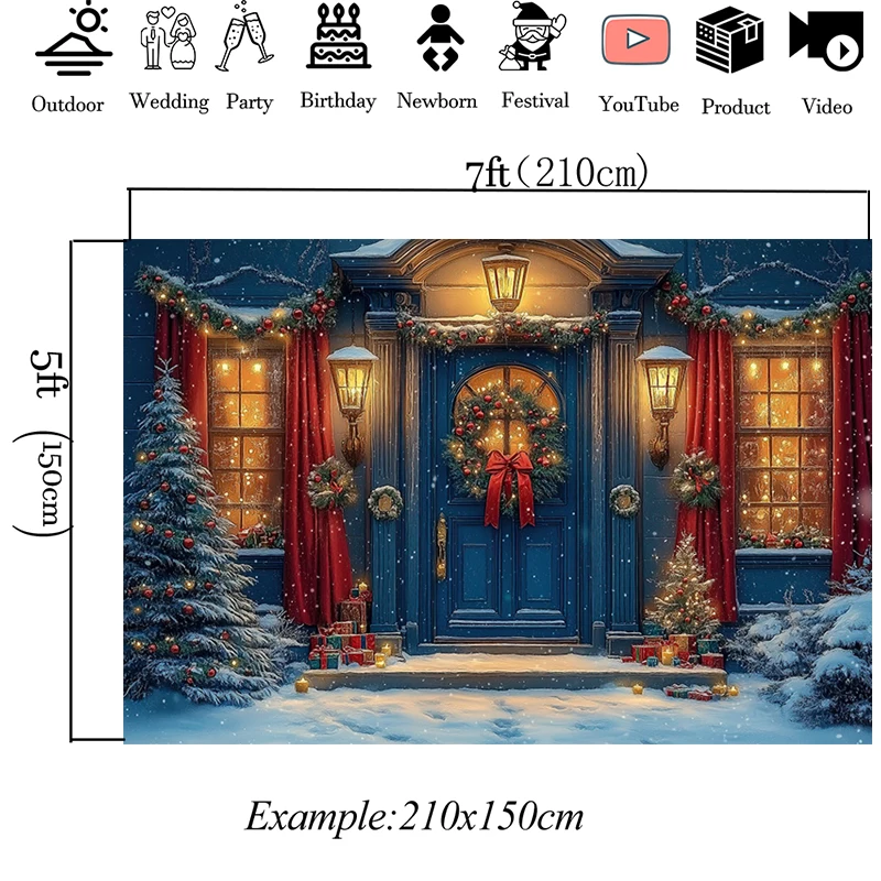 Mocsicka Navidad casa azul telones de fondo suave lavable regalos de nieve árbol foto fondo luz corona puerta decoraciones papel tapiz Banner